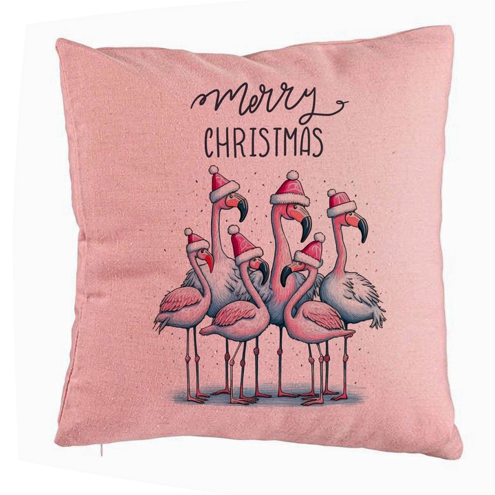 Dekoratív párna karácsonyi témájú, flamingó és szöveg, 40x40 cm, rózsaszín, levehető huzat, fújtató