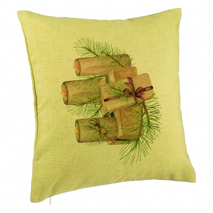 Dekoratív párna karácsonyi témájú, Gyertyák, 7, 40x40 cm, Zöld, Levehető huzat, Fújtató
