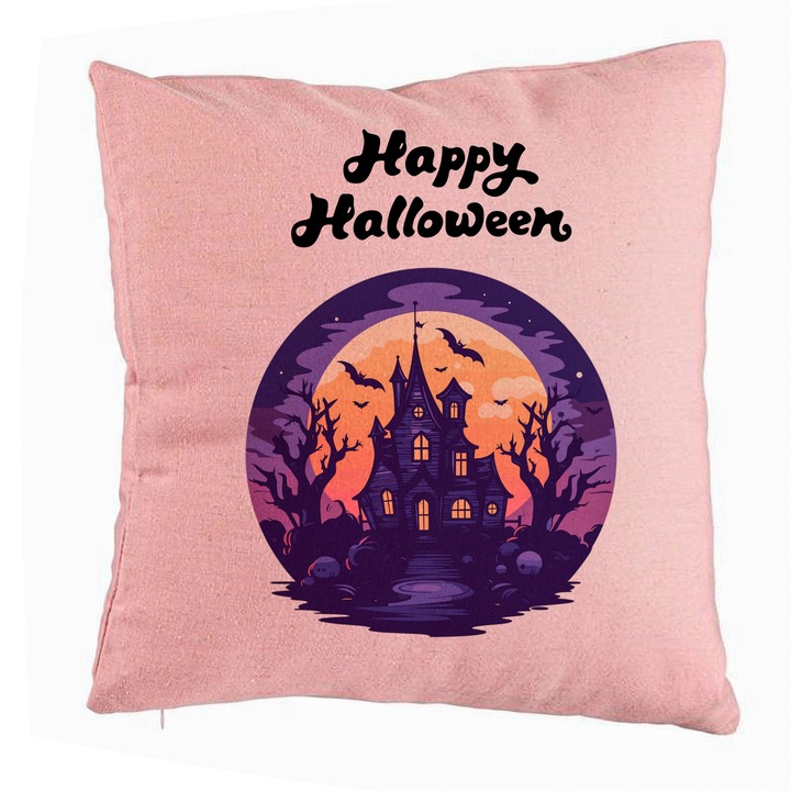 Perna Decorativa cu motiv de Halloween si Text, 40x40 cm, Roz, Husa Detasabila, Burduf