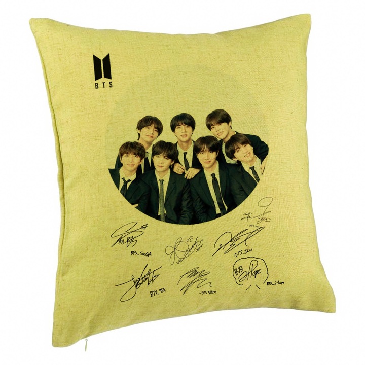 Perna Decorativa BTS Army in Costum cu Semnaturi, 40x40 cm, Verde, Husa Detasabila, Burduf