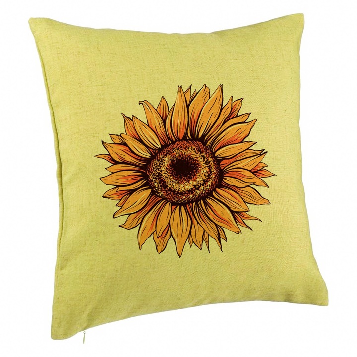 Dekoratív párna, Napvirág mintás, 40x40 cm, Zöld, Levehető huzat, Fújtató