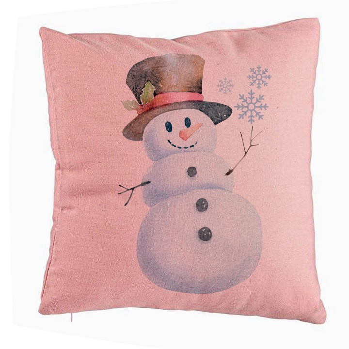 Hóember dekoratív karácsonyi párna, 2, 40x40 cm, rózsaszín, levehető huzat, fújtató