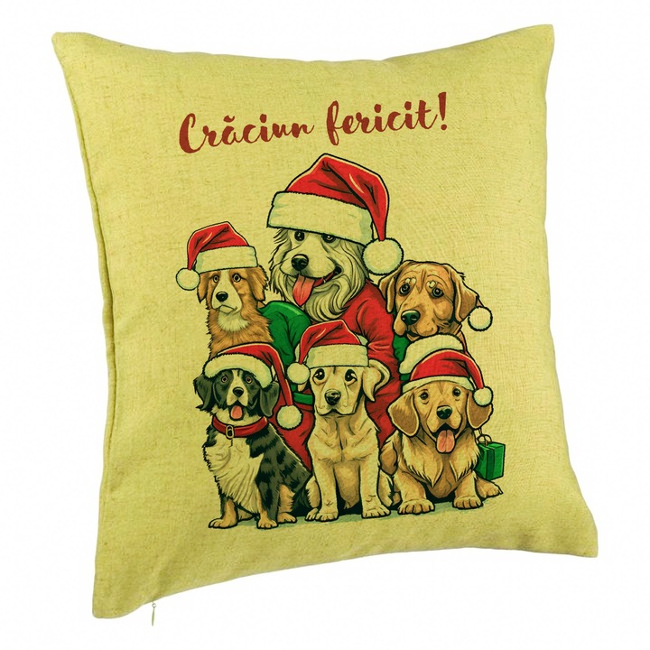 Perna Decorativa de Craciun cu Catelusi si Text, 40x40 cm, Verde, Husa Detasabila, Burduf
