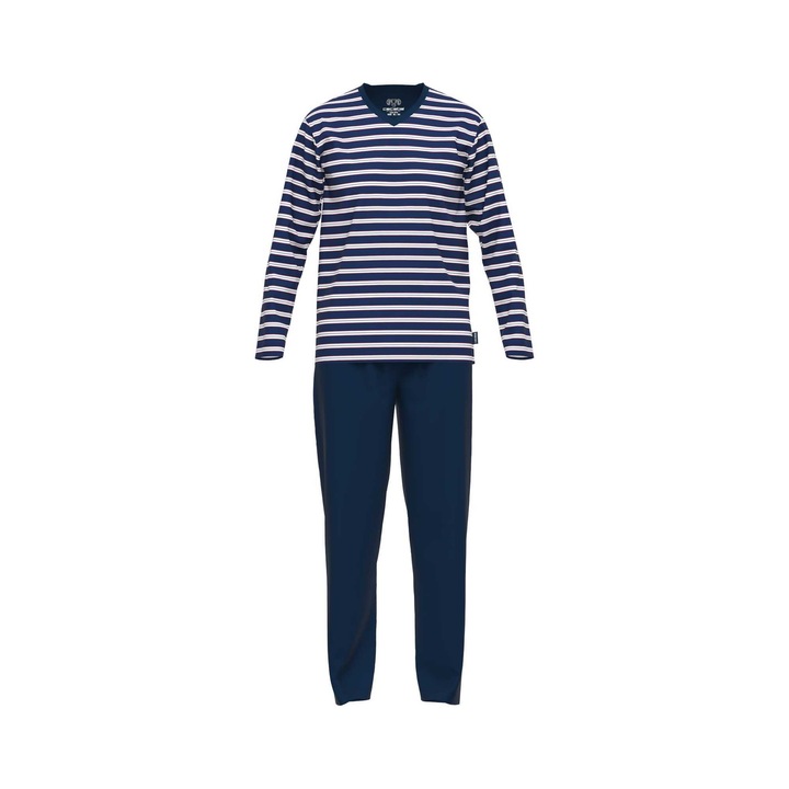 CECEBA, Pijama cu decolteu in V si model in dungi, Alb/Albastru, S