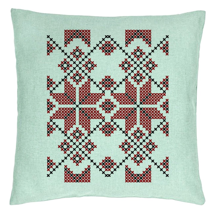 Perna Decorativa, Model cu Motive Romanesti, 40x40 cm, Verde Menta, Husa Detasabila, Burduf