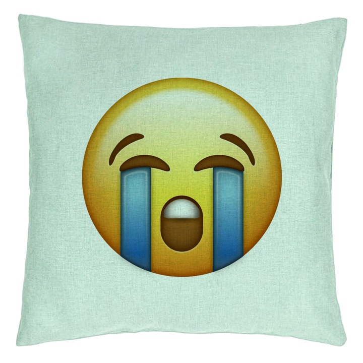 Perna Personalizata, Model Emoji Cry, 40x40 cm, Verde Menta, Husa Detasabila, Burduf
