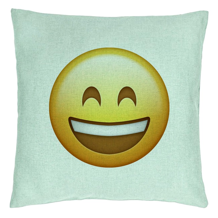 Perna Decorativa, Model Emoji Fericit, 40x40 cm, Verde Menta, Husa Detasabila, Burduf