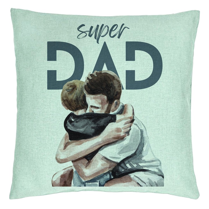 Perna Personalizata, Model Super Dad Baieti, 40x40 cm, Verde Menta, Husa Detasabila, Burduf