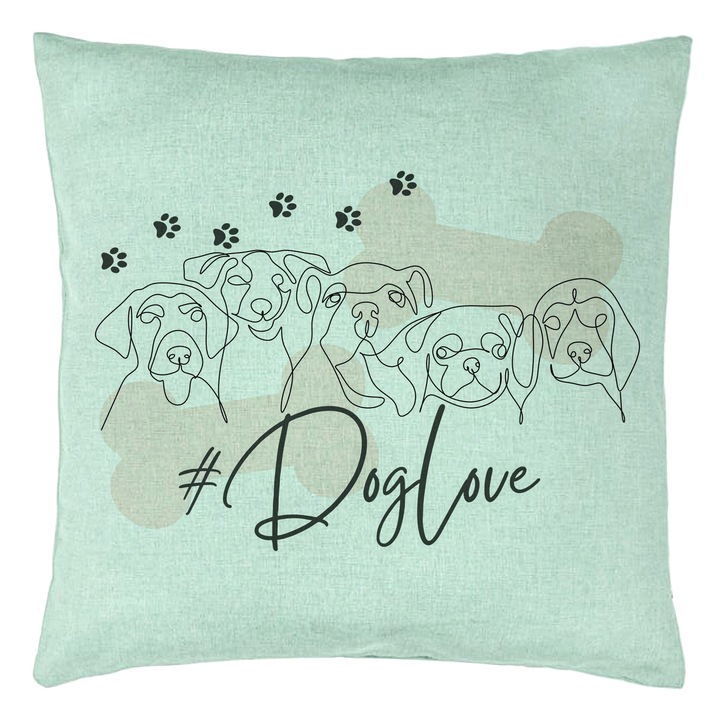 Dekoratív párna, Dog Love Model, 40x40 cm, Menta zöld, Levehető huzat, Fújtató