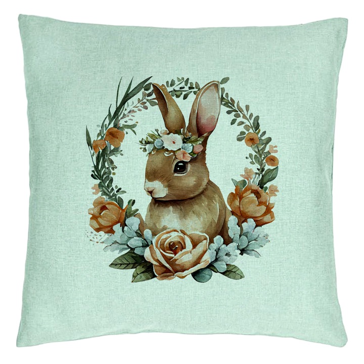 Perna Decorativa, Model Iepuras cu Coronita Florala, 40x40 cm, Verde Menta, Husa Detasabila, Burduf