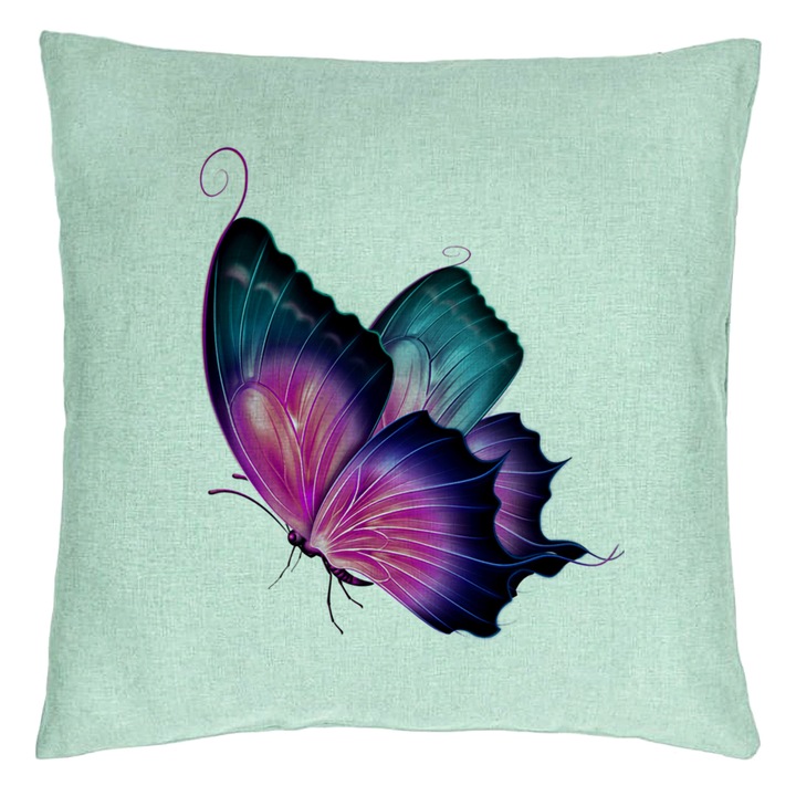 Dekoratív párna, tarka pillangó mintás, 40x40 cm, mentazöld, levehető huzat, fújtató