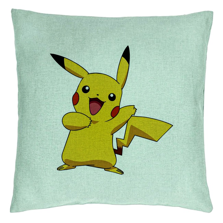 Dekoratív párna, Gyermek Pikachu Modell, 40x40 cm, Menta zöld, Levehető huzat, Fújtató