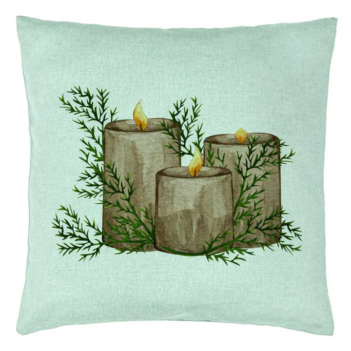 Dekoratív párna karácsonyi témájú, Gyertyák, 6, 40x40 cm, Menta zöld, Levehető huzat, Fújtató