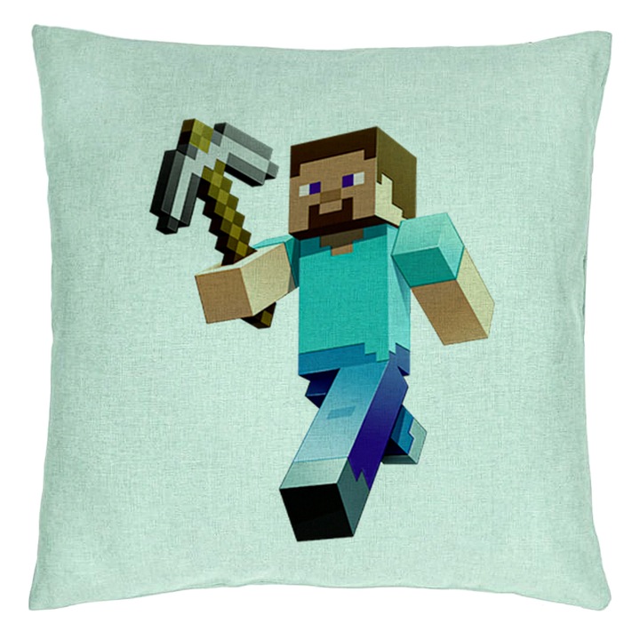Perna Decorativa, Model Minecraft Mining Steve, 40x40 cm, Verde Menta, Husa Detasabila, Burduf