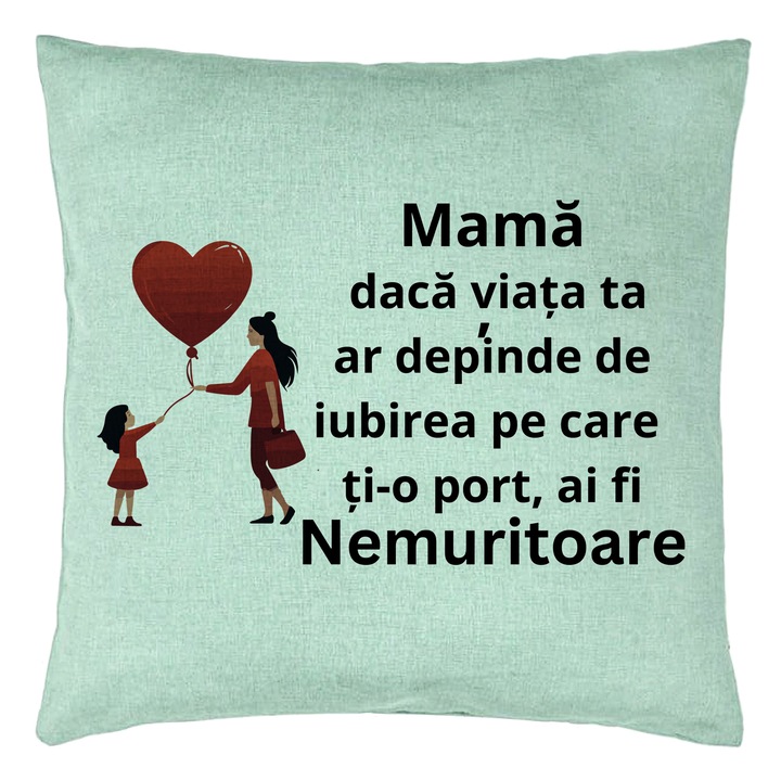 Perna Personalizata, Model pentru Mama 7, 40x40 cm, Verde Menta, Husa Detasabila, Burduf