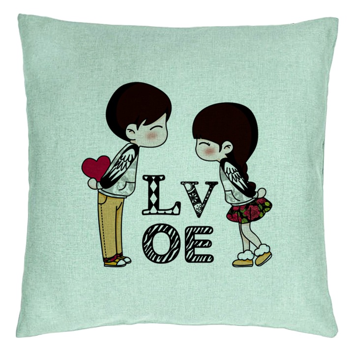 Perna Decorativa, Model Super Love, 40x40 cm, Verde Menta, Husa Detasabila, Burduf