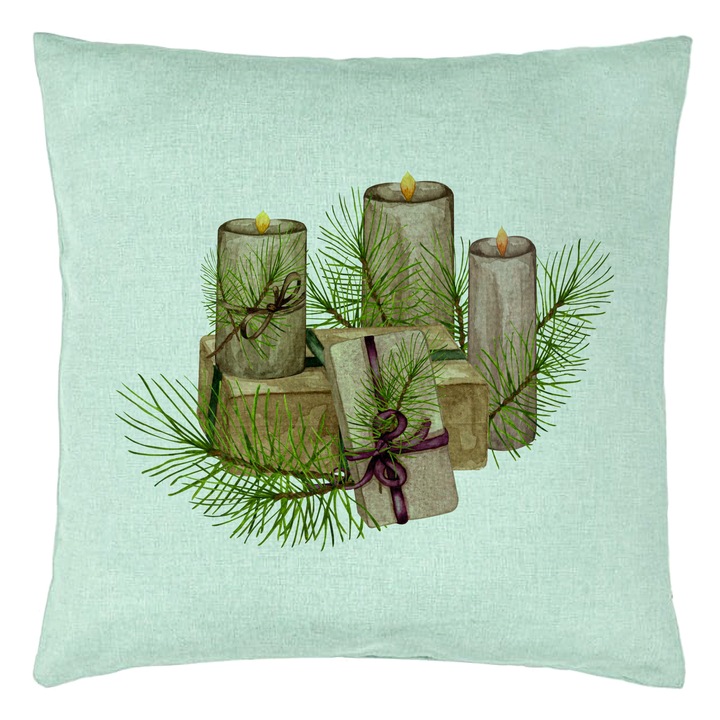 Dekoratív párna karácsonyi témájú, Gyertyák, 7, 40x40 cm, Menta zöld, Levehető huzat, Fújtató