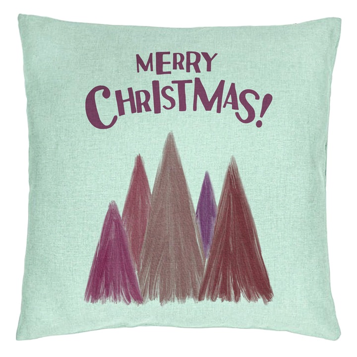 Perna Decorativa de Craciun Brazi color si text, 40x40 cm, Verde Menta, Husa Detasabila, Burduf