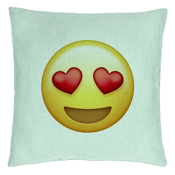 Dekoratív párna, Emoji lány modell szívvel, 40x40 cm, mentazöld, levehető huzat, fújtató