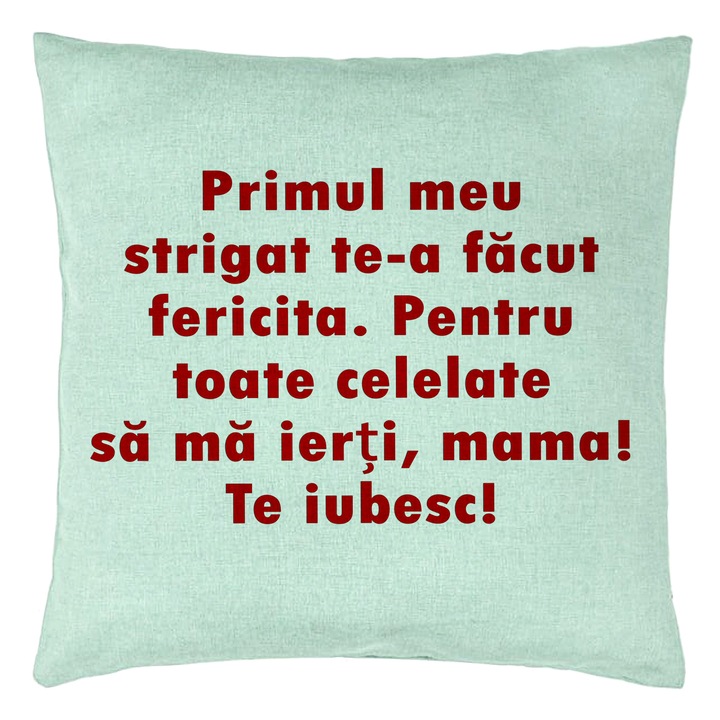Perna Personalizata, Model Mama Te Iubesc 2, 40x40 cm, Verde Menta, Husa Detasabila, Burduf