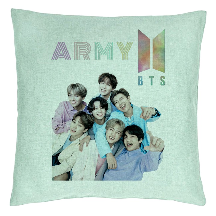 Perna Decorativa BTS Army cu Semnaturi 2, 40x40 cm, Verde Menta, Husa Detasabila, Burduf