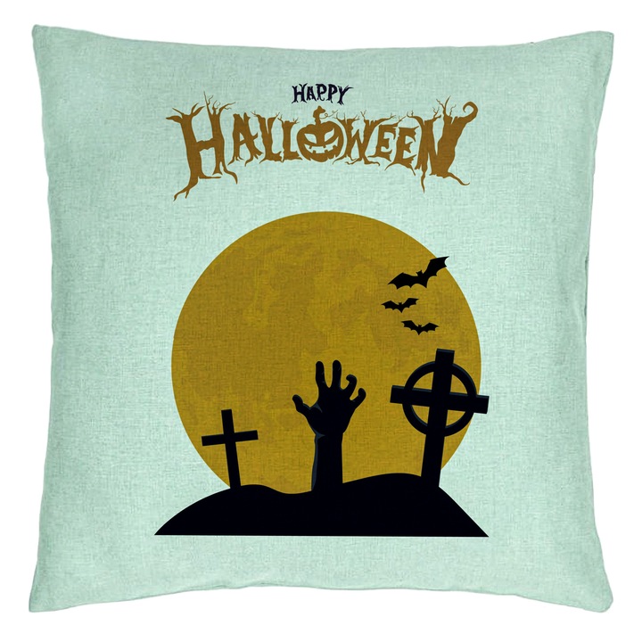 Perna Decorativa cu motiv de Halloween 2, 40x40 cm, Verde Menta, Husa Detasabila, Burduf