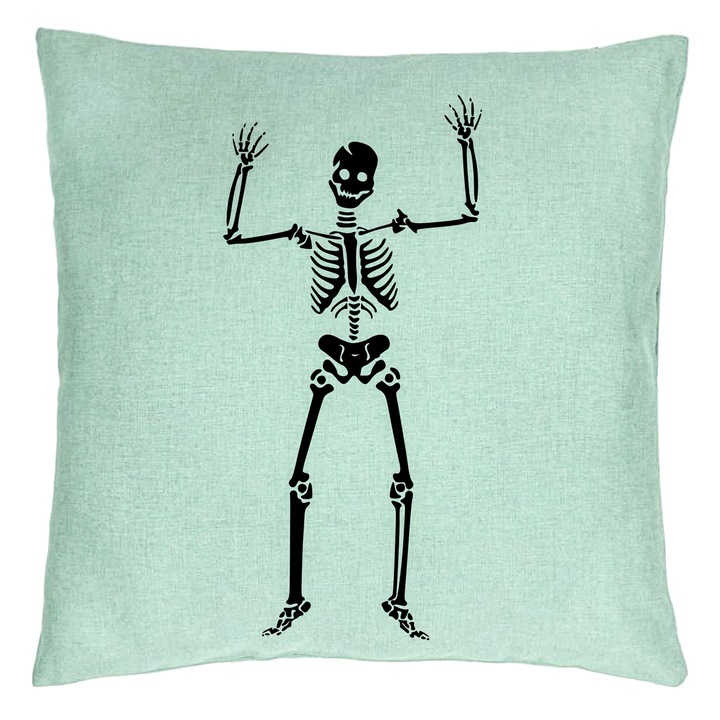 Perna Decorativa cu motiv Sechelet de Halloween 1, 40x40 cm, Verde Menta, Husa Detasabila, Burduf