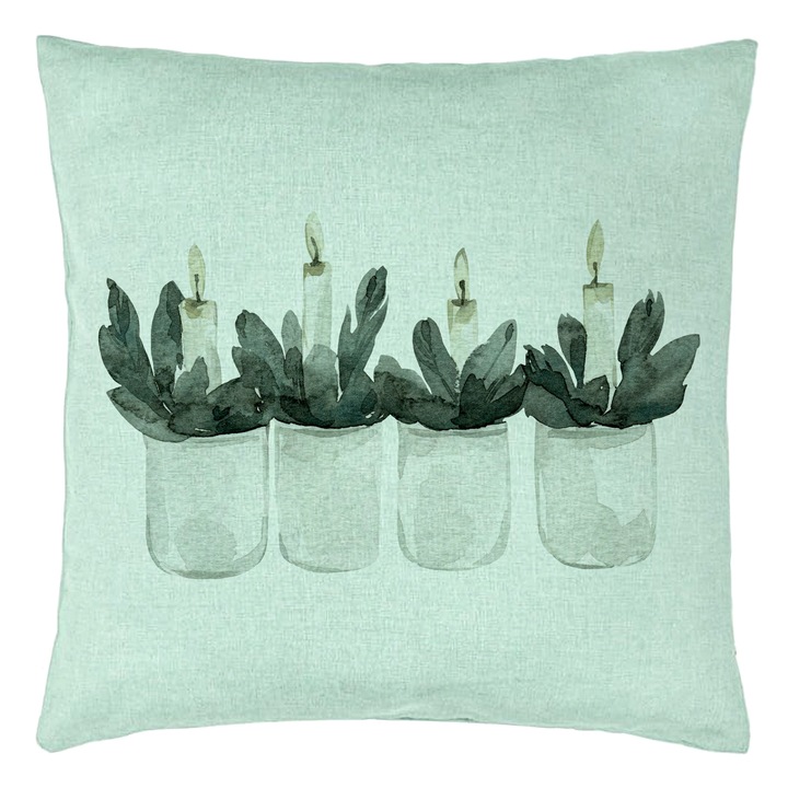 Dekoratív párna karácsonyi témájú, Gyertyák, 3, 40x40 cm, Menta zöld, Levehető huzat, Fújtató