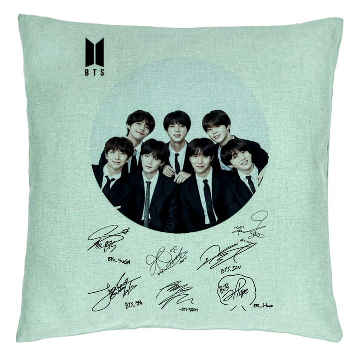 Perna Decorativa BTS Army in Costum cu Semnaturi, 40x40 cm, Verde Menta, Husa Detasabila, Burduf