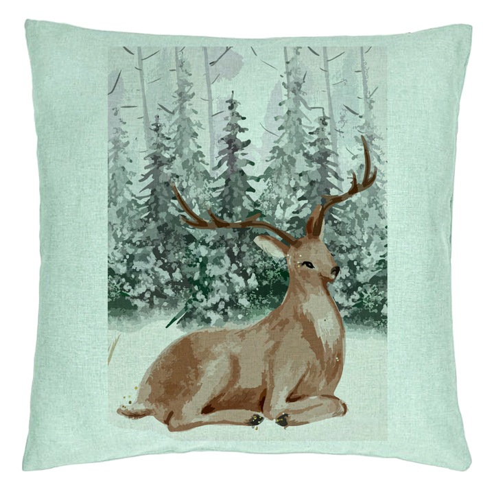 Dekoratív párna karácsonyi témájú, Szarvas, 40x40 cm, Menta zöld, Levehető huzat, Fújtató