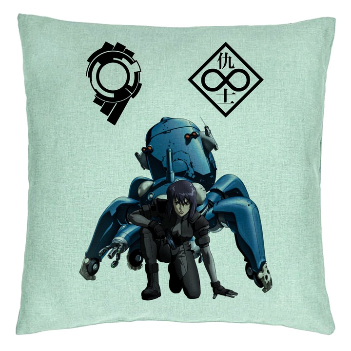 Perna Personalizata cu Ghost in the Shell, 40x40 cm, Verde Menta, Husa Detasabila, Burduf