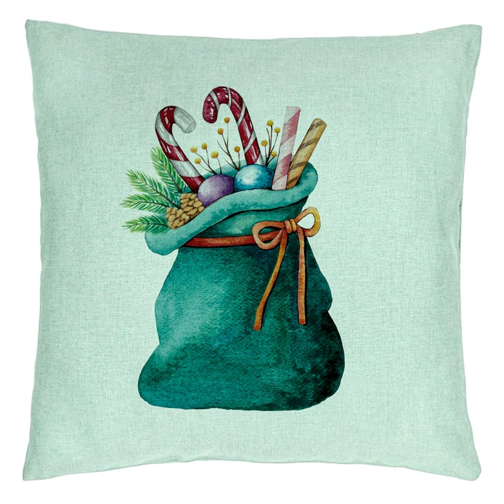 Perna Personalizata Sacul lui Mos Craciun cu cadouri, 40x40 cm, Verde Menta, Husa Detasabila, Burduf