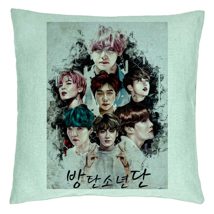 BTS Army dekoratív párna, 40x40 cm, mentazöld, levehető huzat, fújtató