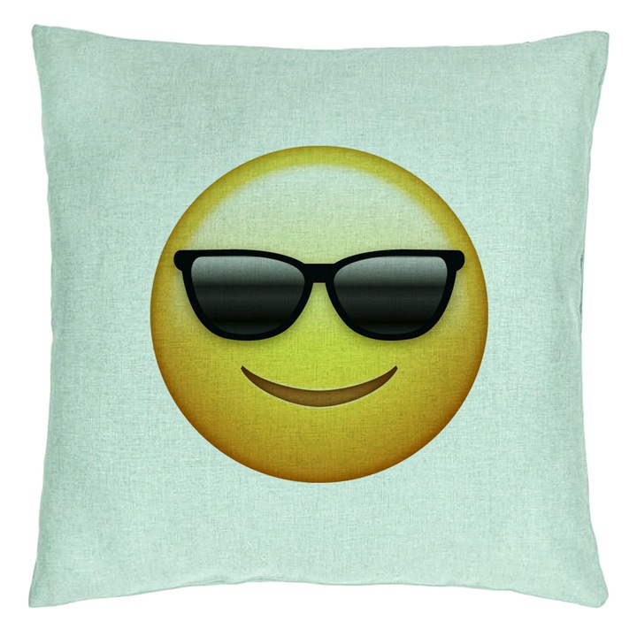 Perna Personalizata, Model Emoji Fata cu Ochelari, 40x40 cm, Verde Menta, Husa Detasabila, Burduf