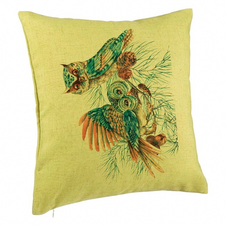 Színes Bagoly dekoratív karácsonyi párna, 40x40 cm, zöld, levehető huzat, fújtató