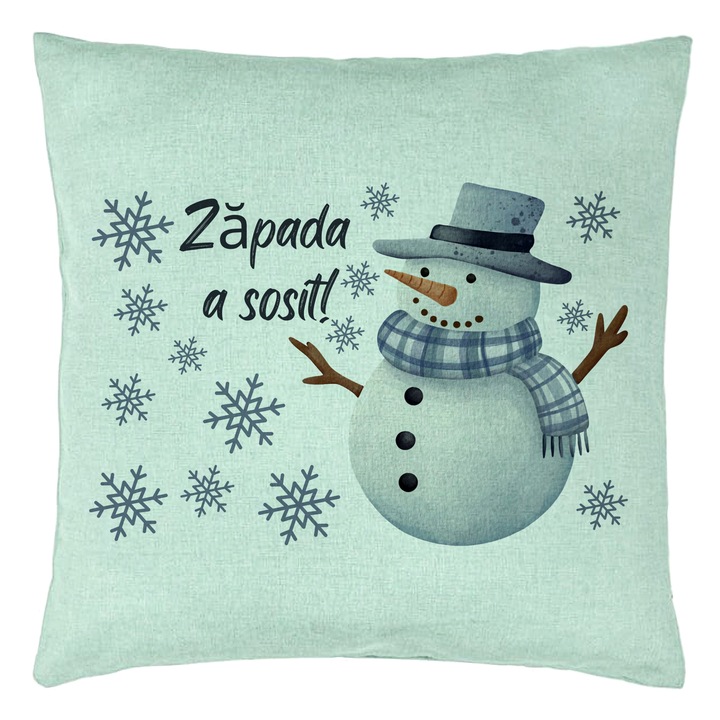 Karácsonyi dekoratív párna hóember és szöveg 2, 40x40 cm, mentazöld, levehető huzat, fújtató