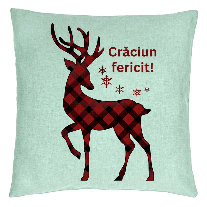 Dekoratív párna karácsonyi témával, rénszarvas és szöveg 4, 40x40 cm, mentazöld, levehető huzat, fújtató