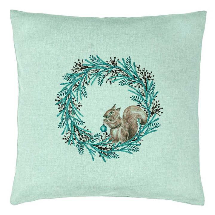 Dekoratív párna karácsonyi koronával és mókussal, 40x40 cm, mentazöld, levehető huzat, fújtató