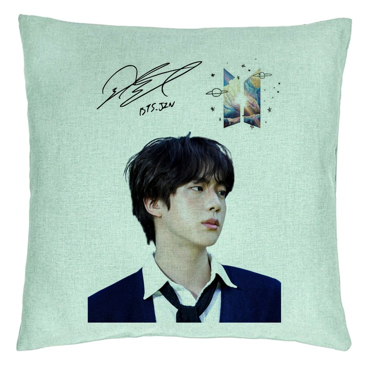Személyre szabott párna BTS Jin 3, 40x40 cm, menta zöld, levehető huzat, fújtató