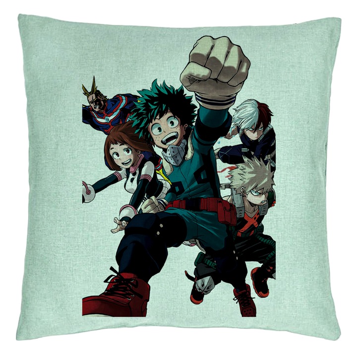 Dekoratív párna My Hero Academia karakterekkel 2, 40x40 cm, menta zöld, levehető huzat, fújtató