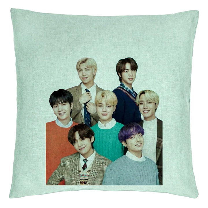 BTS Army dekoratív párna aláírásokkal, 40x40 cm, mentazöld, levehető huzat, fújtató