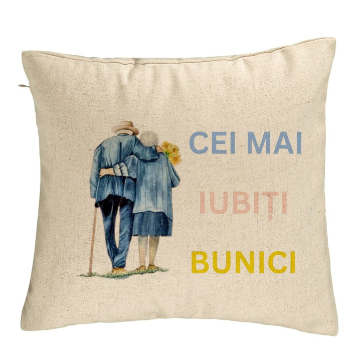 Perna Personalizata pentru Bunici 7, 40x40 cm, Bej, Husa Detasabila, Burduf