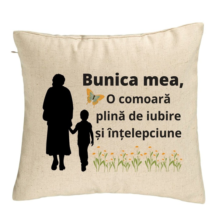 Perna Personalizata pentru Bunicul 19, 40x40 cm, Bej, Husa Detasabila, Burduf