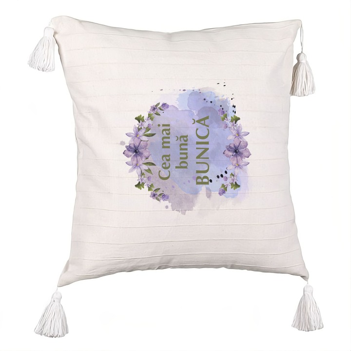 Perna Decorativa cu Franjuri pentru Bunica 2, 40x40 cm, Cu fermoar
