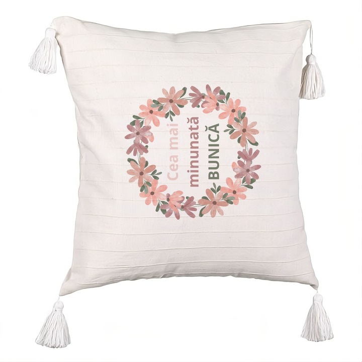 Perna Decorativa cu Franjuri pentru Bunica 7, 40x40 cm, Cu fermoar