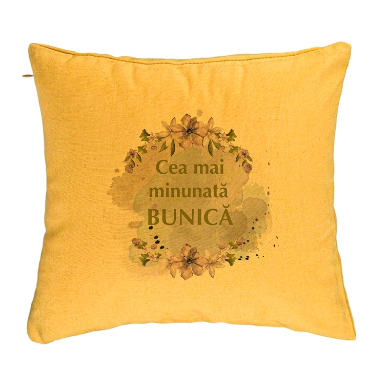 Perna Decorativa pentru Bunica 3, 40x40 cm, Galben, Husa Detasabila, Burduf