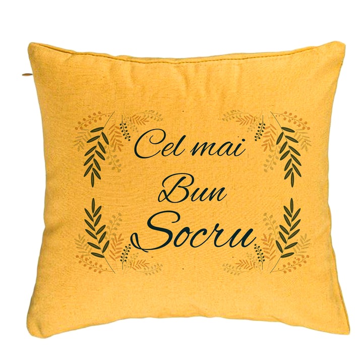 Perna Personalizata pentru Socrul 1, 40x40 cm, Galben, Husa Detasabila, Burduf