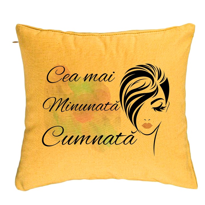 Perna Personalizata pentru Cumnata 2, 40x40 cm, Galben, Husa Detasabila, Burduf