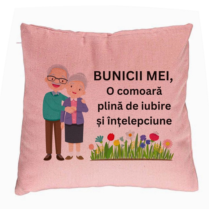 Perna Personalizata pentru Bunici 4, 40x40 cm, Roz, Husa Detasabila, Burduf