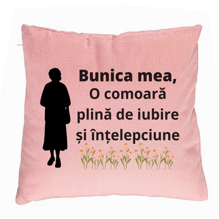 Perna Decorativa pentru Bunica 17, 40x40 cm, Roz, Husa Detasabila, Burduf